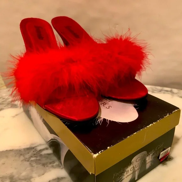VTG Fredericks Of Hollywood Glamour Girl Marabou Slippers Red Feather Size 7 - Picture 3 of 10